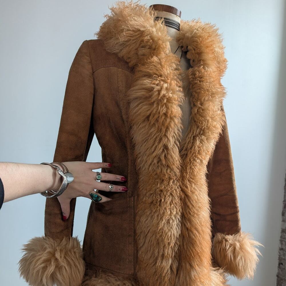 Vintage Rusty Orange Suede Penny Lane Jacket Leather Trench Coat Fur Coat Small - Picture 6 of 10